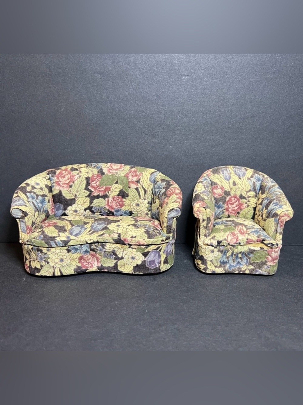 Vintage Bespaq Miniature Floral Print Sofa & Club Chair Dollhouse Furniture Set